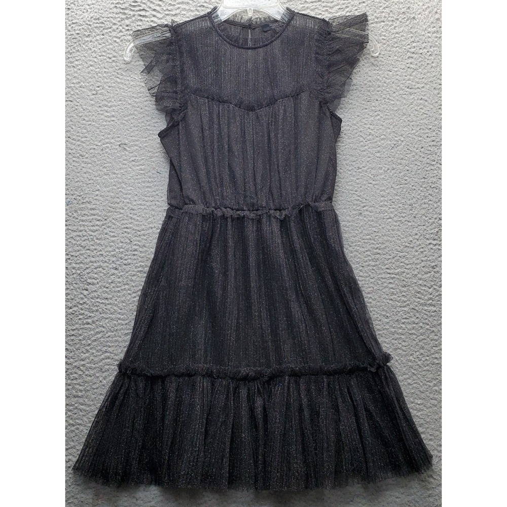 AllSaints Witchy Goth Tiered Dress Womens 2 Black Lace Metallic Side‎ Zip EUC